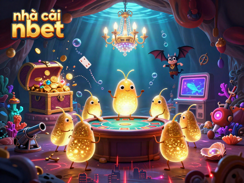 Engaging bioluminescent scene featuring nhà cái nbet in a cave casino with glowworms and a bat dealer.