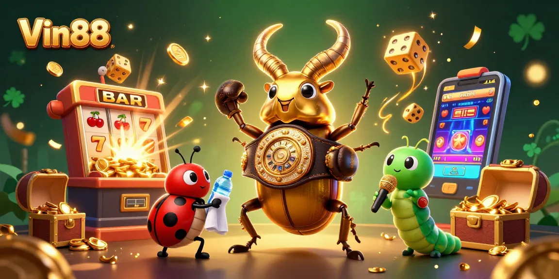 Win big with Vin88's vibrant casino scene featuring jackpots and 3D characters.