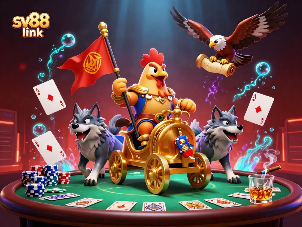 Engage with sv88 link through a dynamic scene featuring a rooster warlord and poker elements.