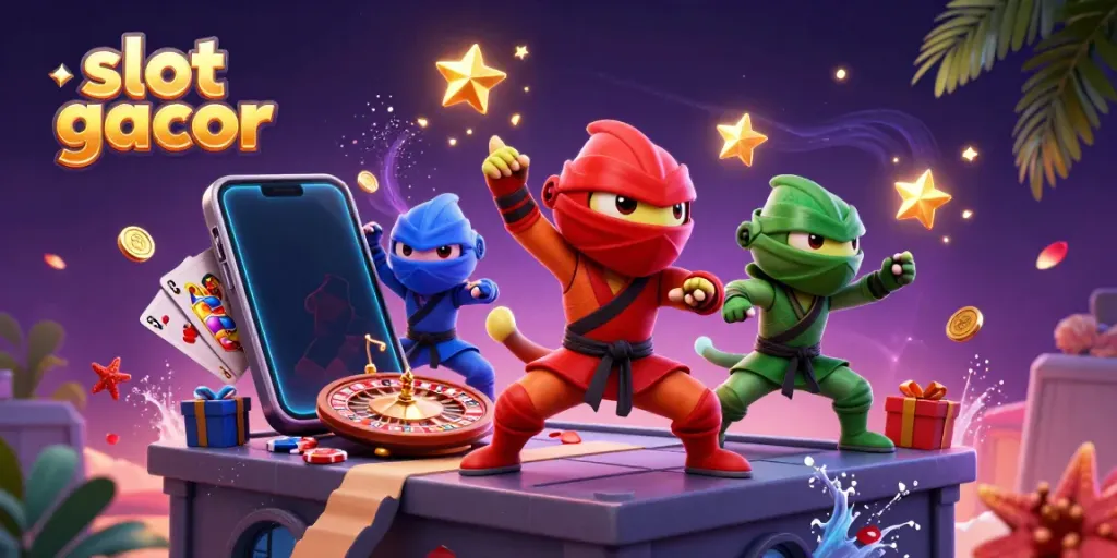 Experience thrilling gameplay with "slot gacor" alongside ninja chameleons in a dynamic 3D casino scene.