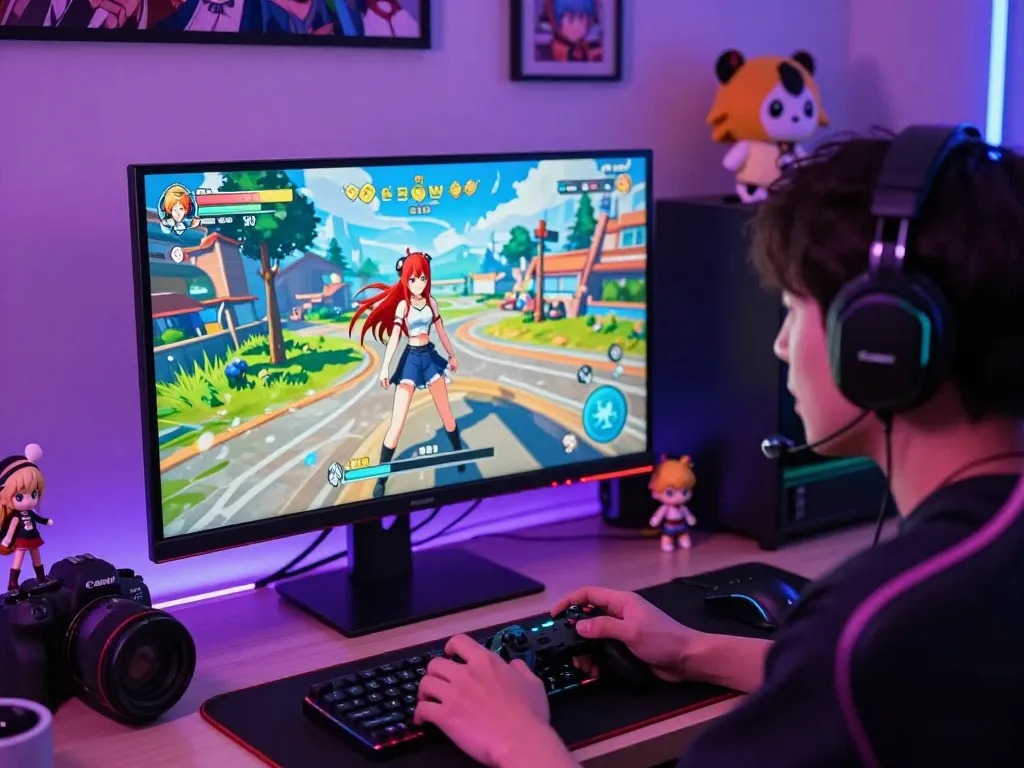 Player fully immersed in a captivating hentai game with vibrant anime visuals and gaming setup.