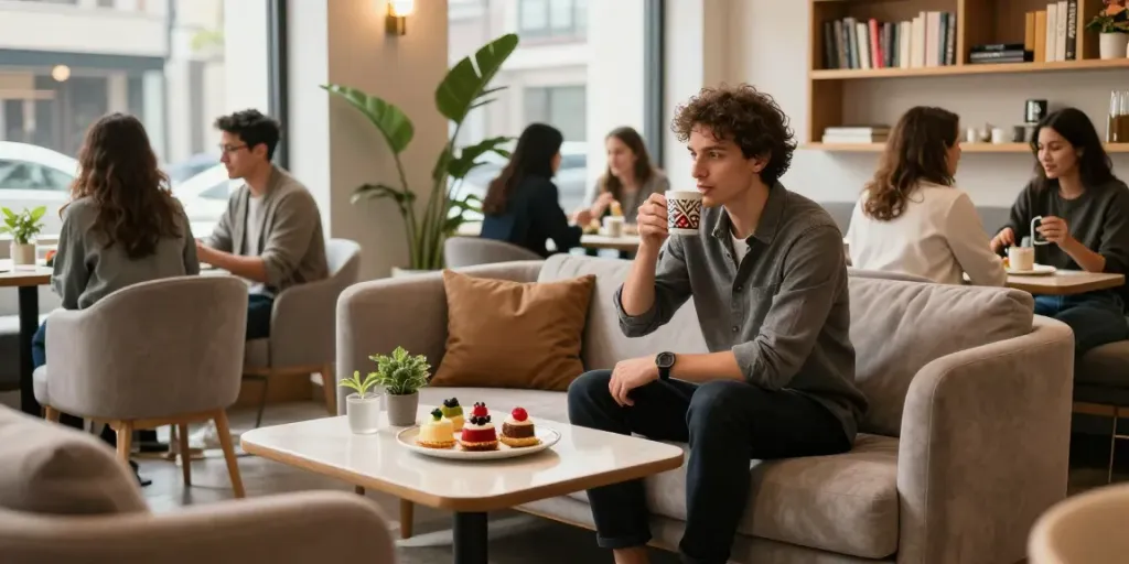 Relaxing café scene with stylish individuals enjoying rokok88 experience in a modern urban lounge.