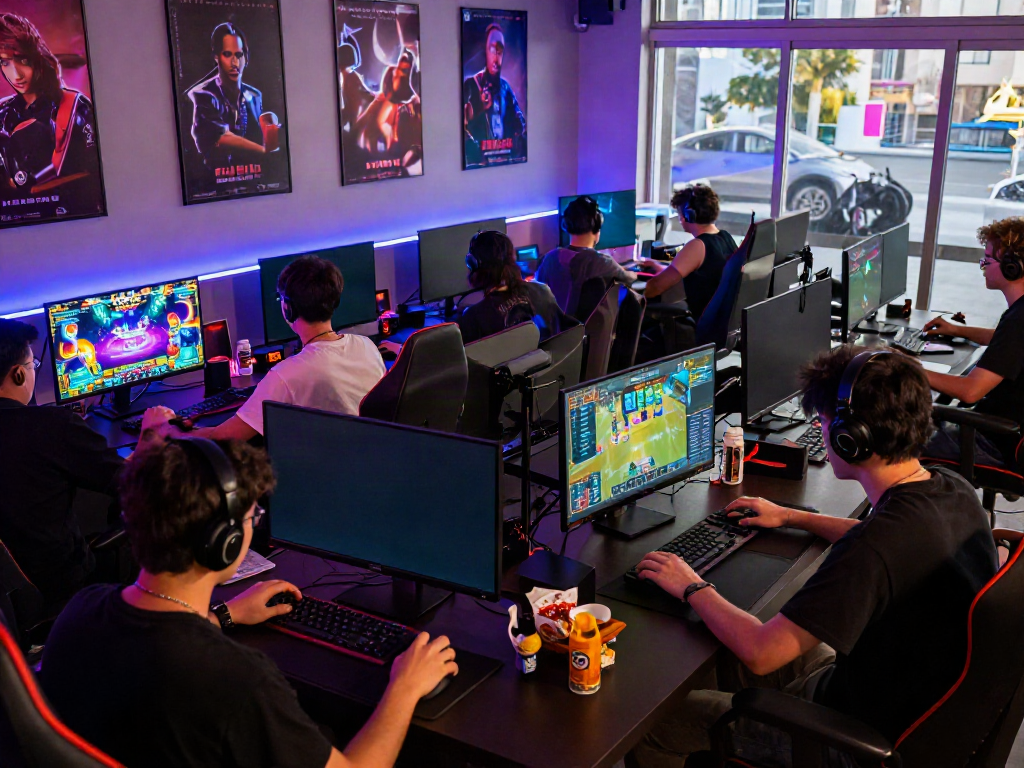 Engaging game bài IWIN scene showing players immersed in various online games with vibrant graphics in a cozy gaming lounge.