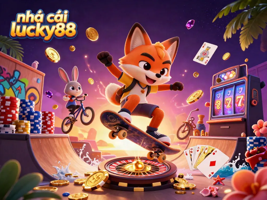 Experience excitement at nhà cái lucky88 with a dynamic 3D casino scene showcasing vibrant gaming elements.