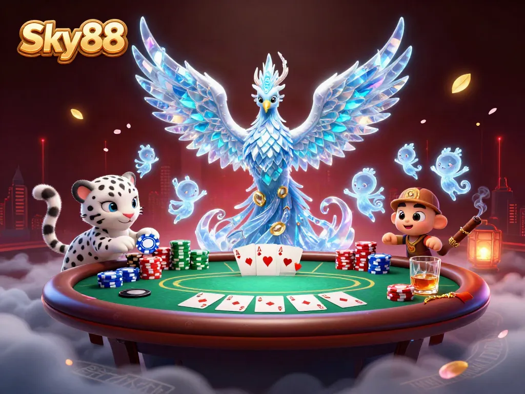 Sky88 glows with excitement as vibrant characters engage in thrilling poker action.
