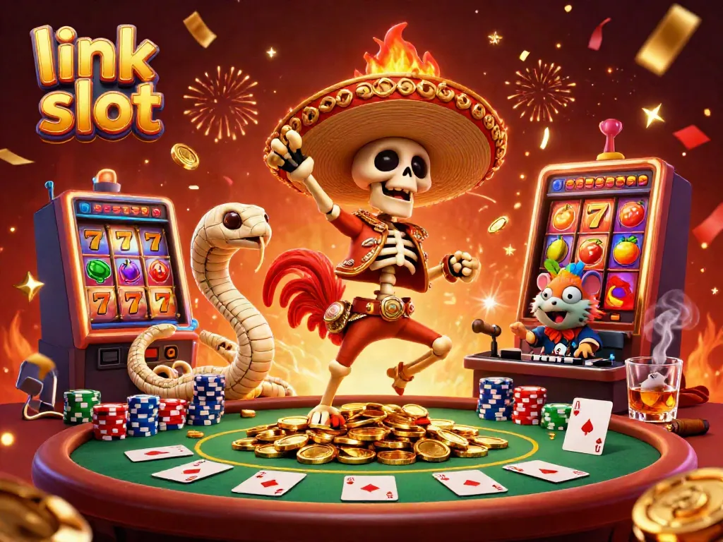 Witness the excitement of link slot as the mariachi rooster celebrates with golden coins and jackpot symbols.
