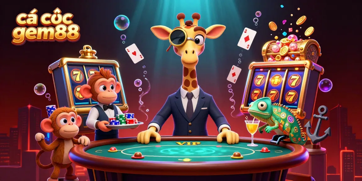 Experience cá cược gem88 with a vibrant Casino scene featuring a giraffe and monkey amid a flurry of slot symbols.