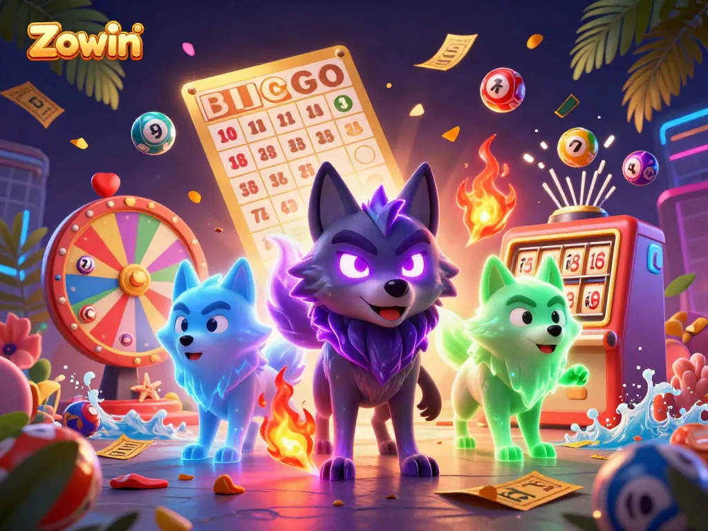 Experience Zowin's thrilling gaming world with a dynamic scene of ghostly wolves and captivating lottery elements.