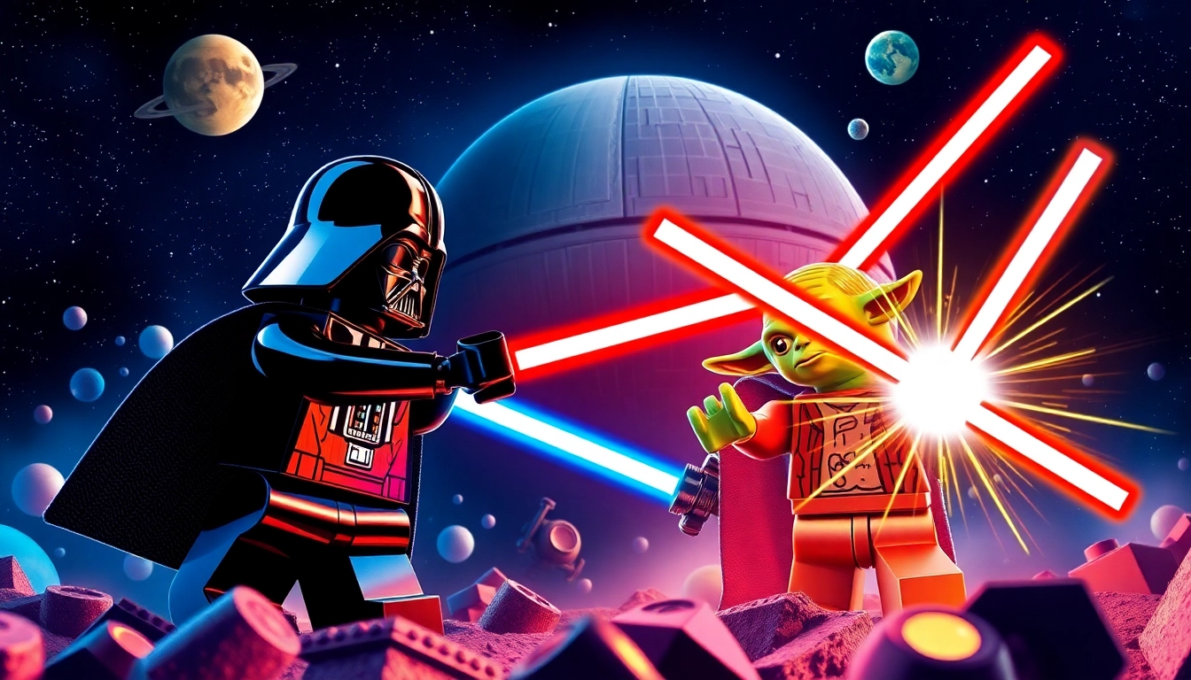 Lego Star Wars characters in an epic lightsaber duel against a cosmic backdrop.