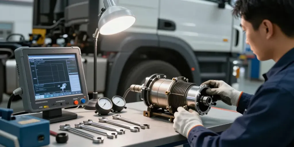 Mechaniker prüft DPF bei der DPF-Regeneration in einer Werkstatt, umgeben von Werkzeugen und Diagnosegeräten.