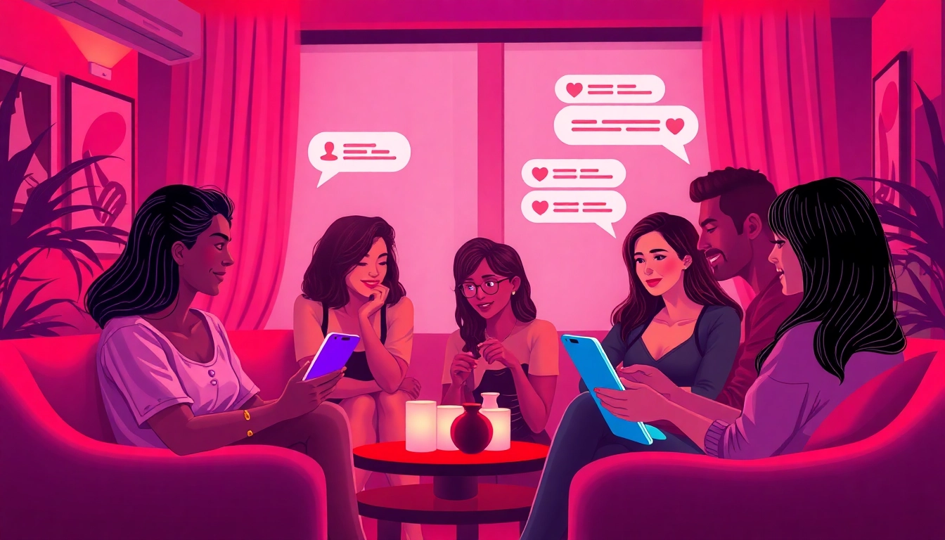 Engaged individuals enjoying open and flirty conversations in a vibrant sex chat room.