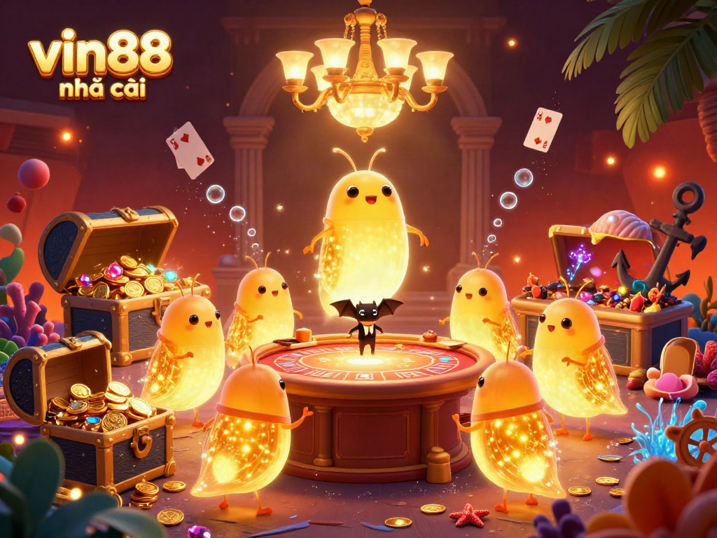 Experience the vibrant atmosphere of vin88 nhà cái illustrated with glowworms lighting a lively casino scene filled with treasures and games.