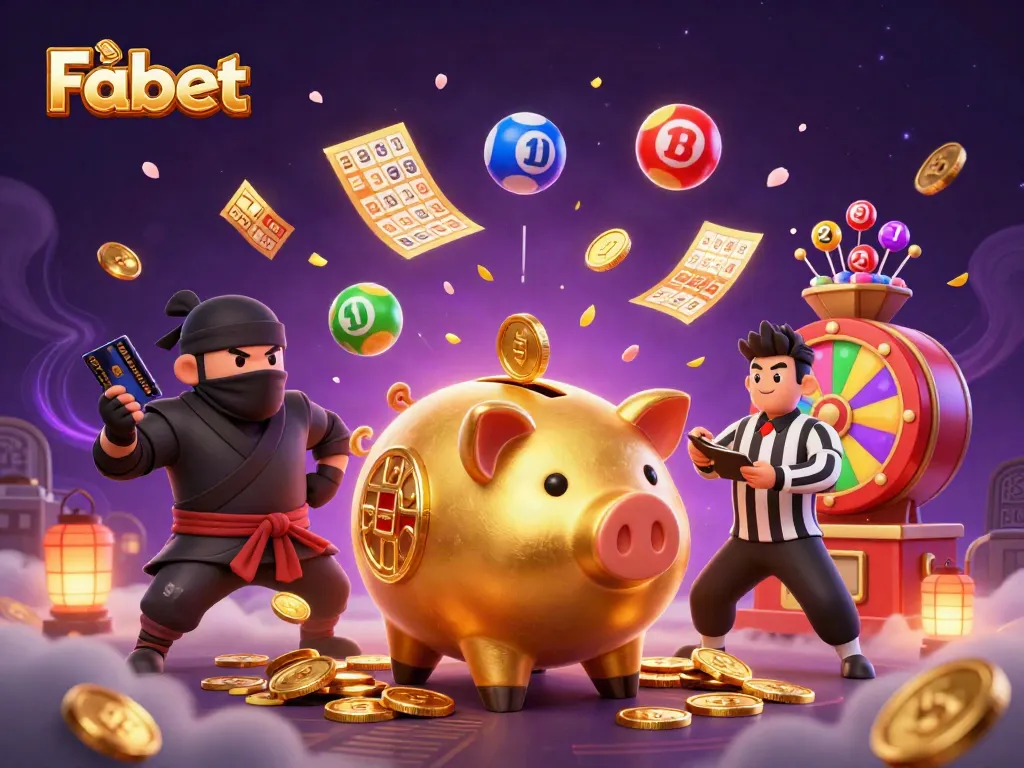 Fabet features a dynamic scene with a sumo piggy bank wrestler amidst colorful gambling elements.
