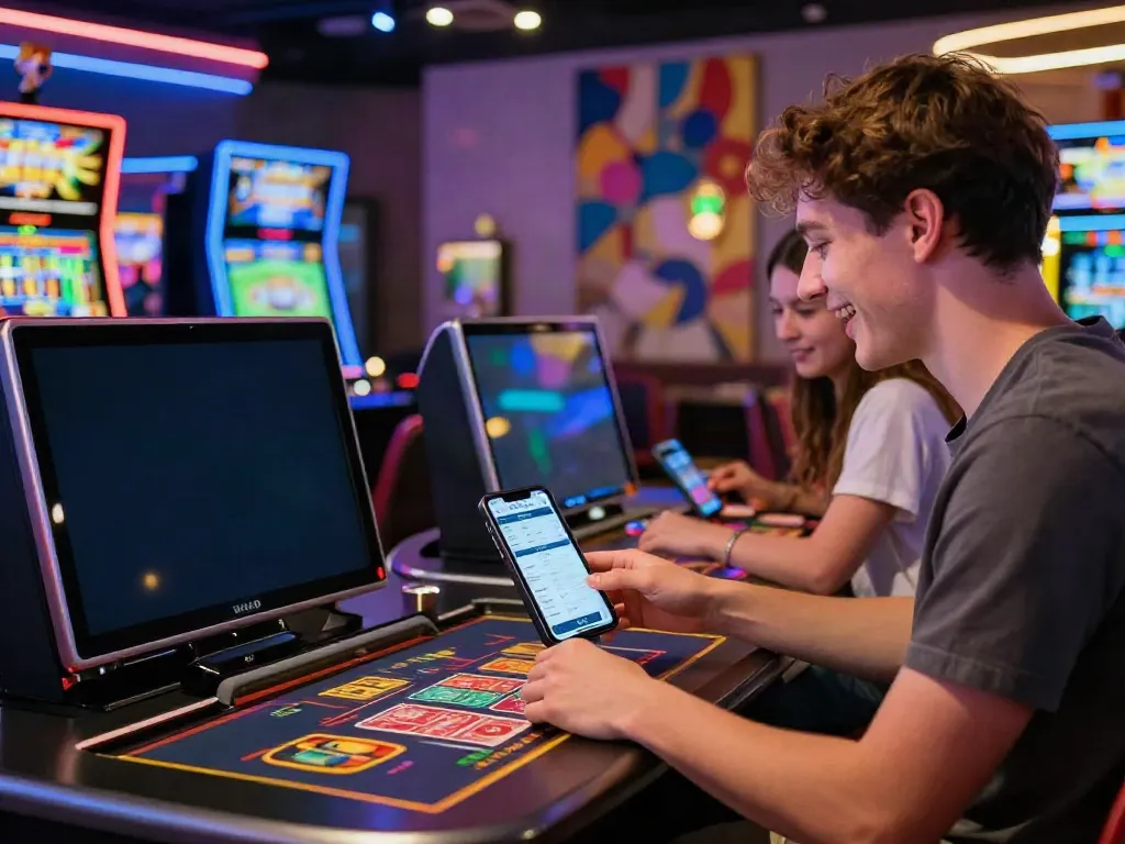 Dynamic gaming experience with a user engaging with DA88 in a vibrant casino.