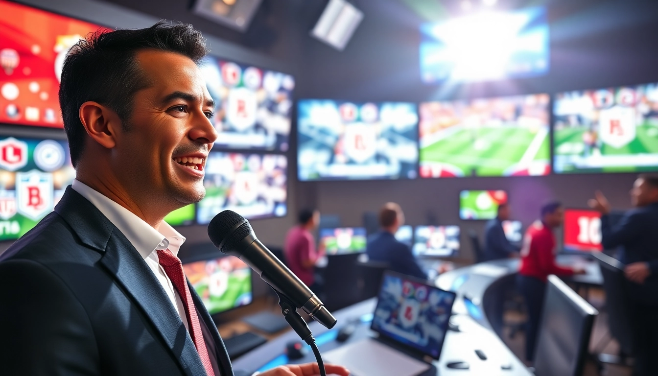 Engaging sports broadcasting anchor presenting live updates in a vibrant newsroom setting.