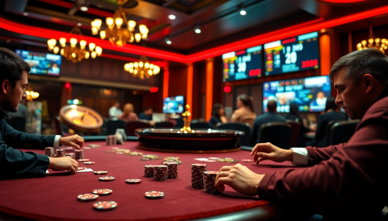 Players are immersed in a thrilling poker game at a luxury casino, showcasing bdtk1 org betting strategies.