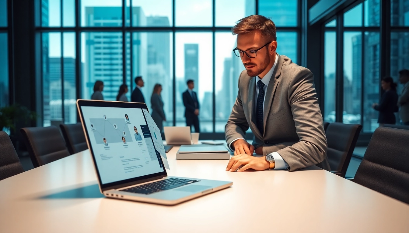 Headhunter Schweiz arbeitet in einem modernen Büro und führt Gespräche mit Klienten.