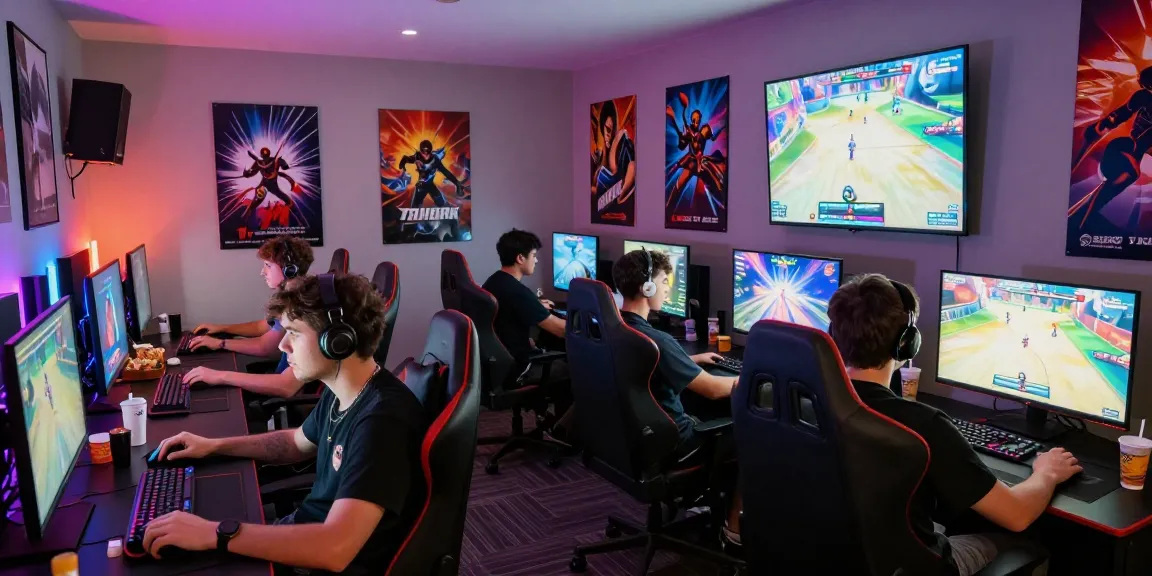 บรรยากาศในการเล่นเกมที่สนุกสนานในห้องเล่นเกมพร้อมคำว่า playme8 sbo ที่เด่นชัด